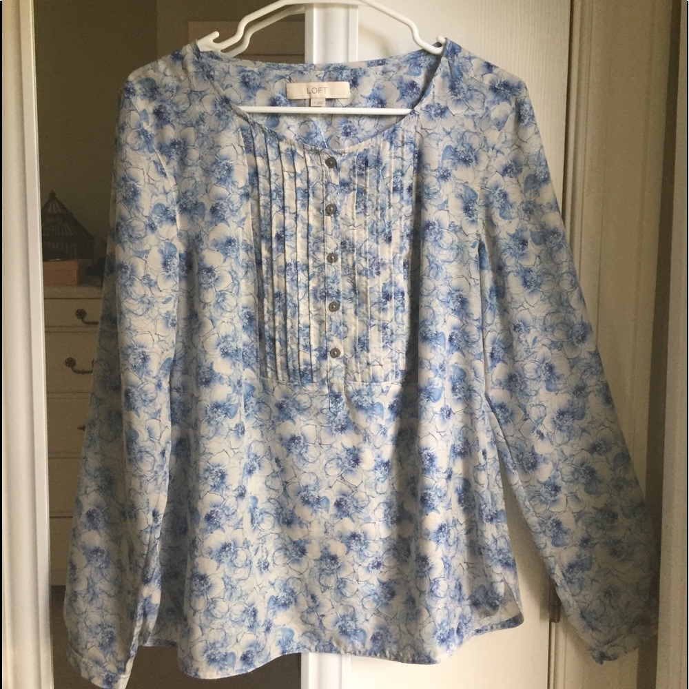 Loft Blue and White Floral Long Sleeve Blouse M